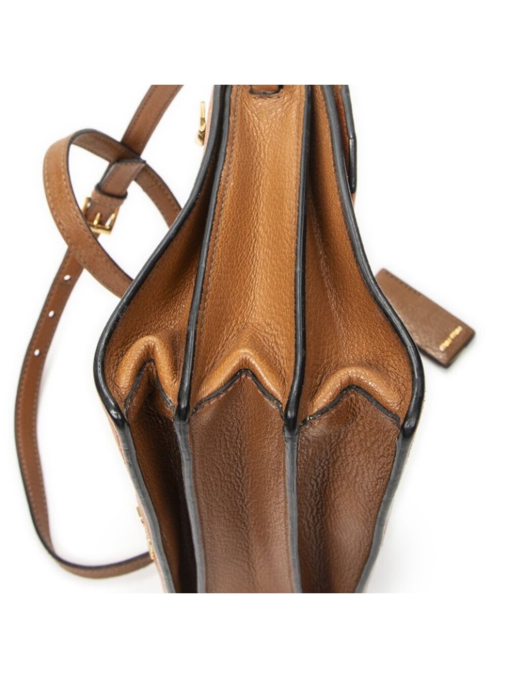 Miu Miu Pushlock Convertible Top Handle Tan Orange Madras Leather - Picture 7 of 10